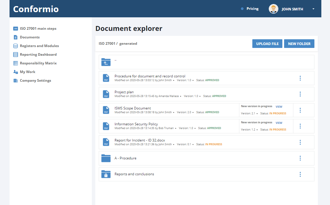 Managing documents on Conformio