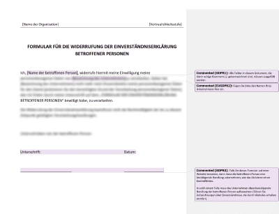 Formular für die Widerrufung der Einverständniserklärung betroffener Personen - Advisera