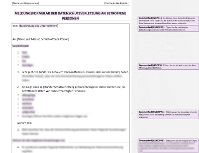 Meldungsformular der Datenschutzverletzung an betroffene Personen - Advisera