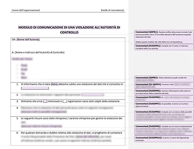 Modulo di Comunicazione di una Violazione all'Autorità di Controllo - Advisera