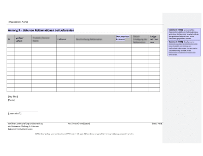 Liste von Reklamationen bei Lieferanten - 9001Academy