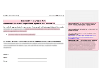 Declaración de aceptación de los documentos del SGSI - 27001Academy